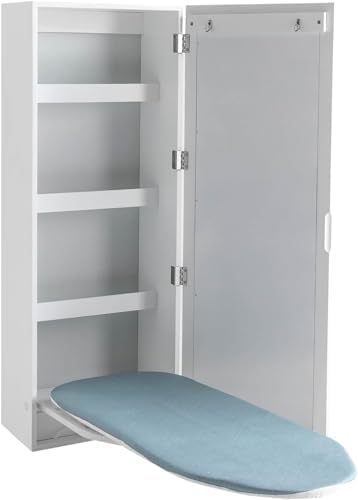 Wall Mounted Ironing Board with Mirror and Storage Cabinet White