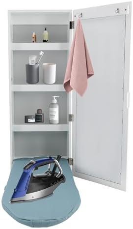 Wall Mounted Foldable Ironing Board with Mirror and Hooks White