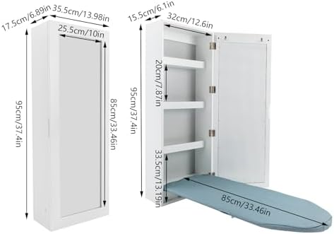 Wall Mounted Foldable Ironing Board with Mirror and Hooks White