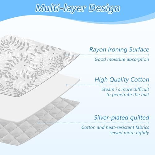 CuwrYet Portable Ironing Mat with Silicone Pad 472x276 Inch Grey Leaves