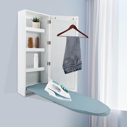 Wall Mounted Foldable Ironing Board with Mirror and Hooks White