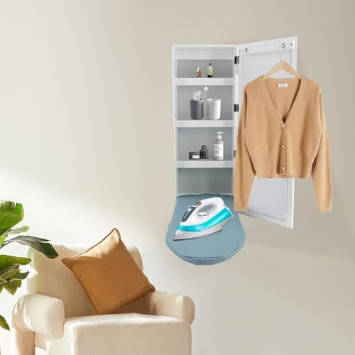 Wall Mounted Foldable Ironing Board with Mirror and Hooks White