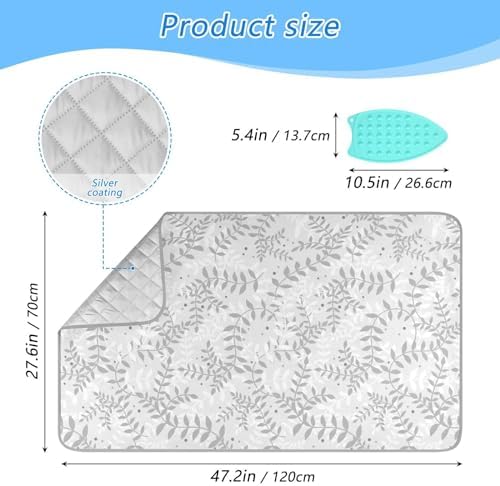 CuwrYet Portable Ironing Mat with Silicone Pad 472x276 Inch Grey Leaves