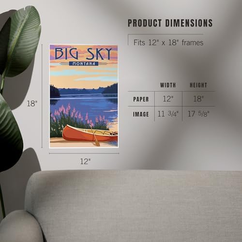 Lantern Press 12x18 Inch Art Print Big Sky Montana Canoe Lake