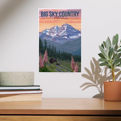 Lantern Press 8x12 Art Print Big Sky Country Montana Bear and Spring Flowers