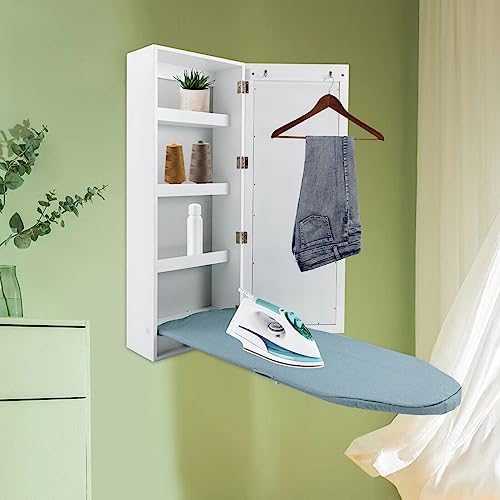 Wall Mounted Ironing Board with Mirror and Storage Cabinet White