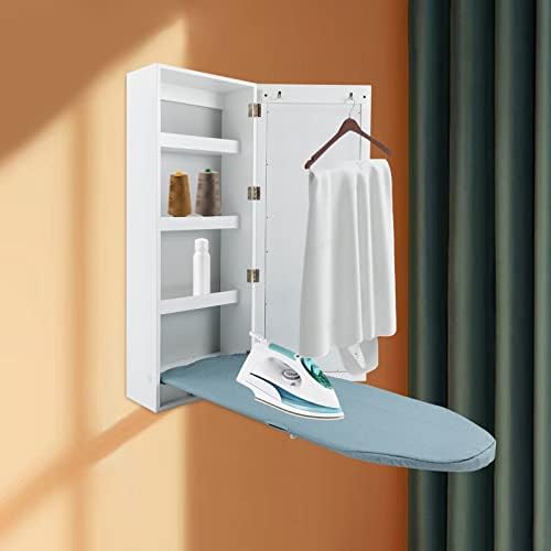 Wall-Mounted Ironing Board with Mirror and Hooks