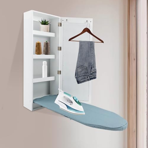 Foldable Ironing Board Cabinet with Mirror and Storage