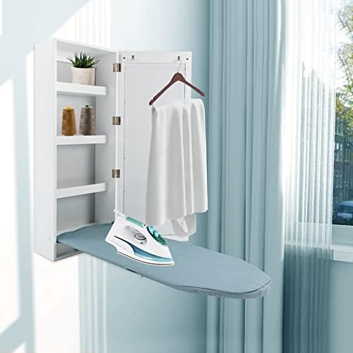 Wall Mounted Foldable Ironing Board with Mirror and Hooks White