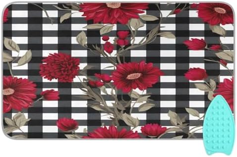 Red Flowers on Black and White Checkered Portable Ironing Blanket