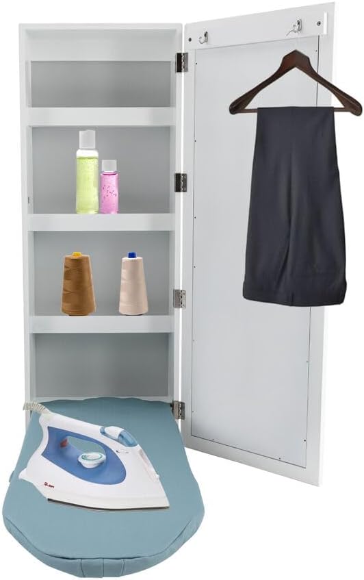 Wall Mounted Ironing Board with Mirror and Storage Cabinet White