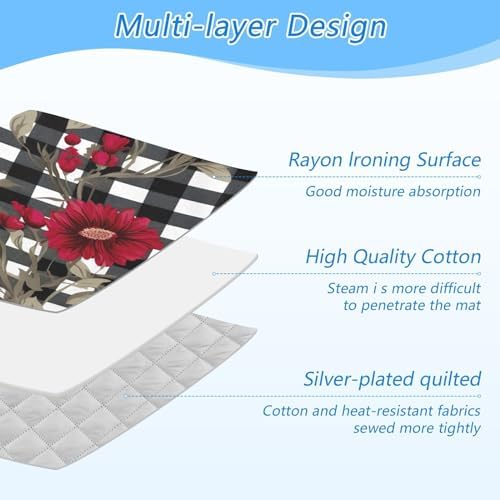 Red Flowers on Black and White Checkered Portable Ironing Blanket