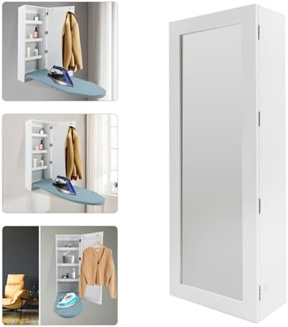 Foldable Ironing Board Cabinet with Mirror and Storage