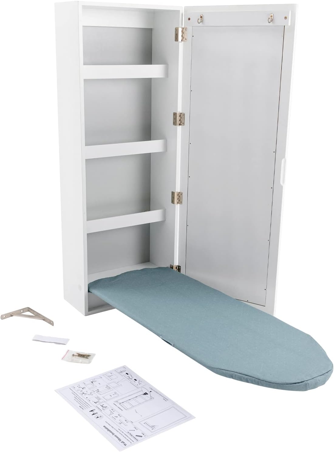 Wall-Mounted Ironing Board with Mirror and Hooks