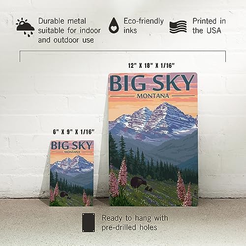Lantern Press 6x9 Metal Sign Big Sky Montana Bear and Spring Flowers