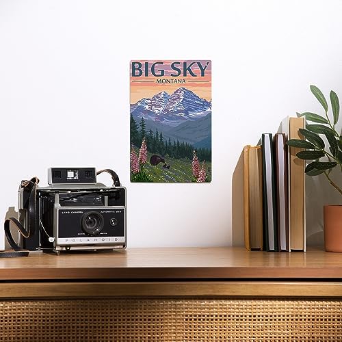 Lantern Press 6x9 Metal Sign Big Sky Montana Bear and Spring Flowers