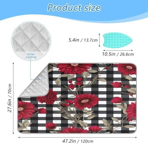 Red Flowers on Black and White Checkered Portable Ironing Blanket