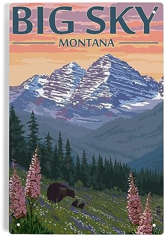 Lantern Press 6x9 Metal Sign Big Sky Montana Bear and Spring Flowers