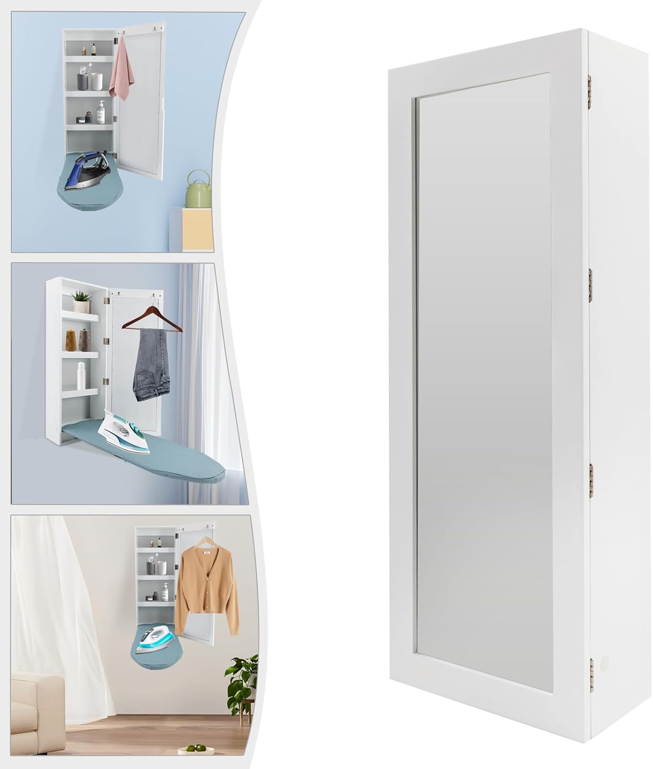 Wall Mounted Foldable Ironing Board with Mirror and Hooks White