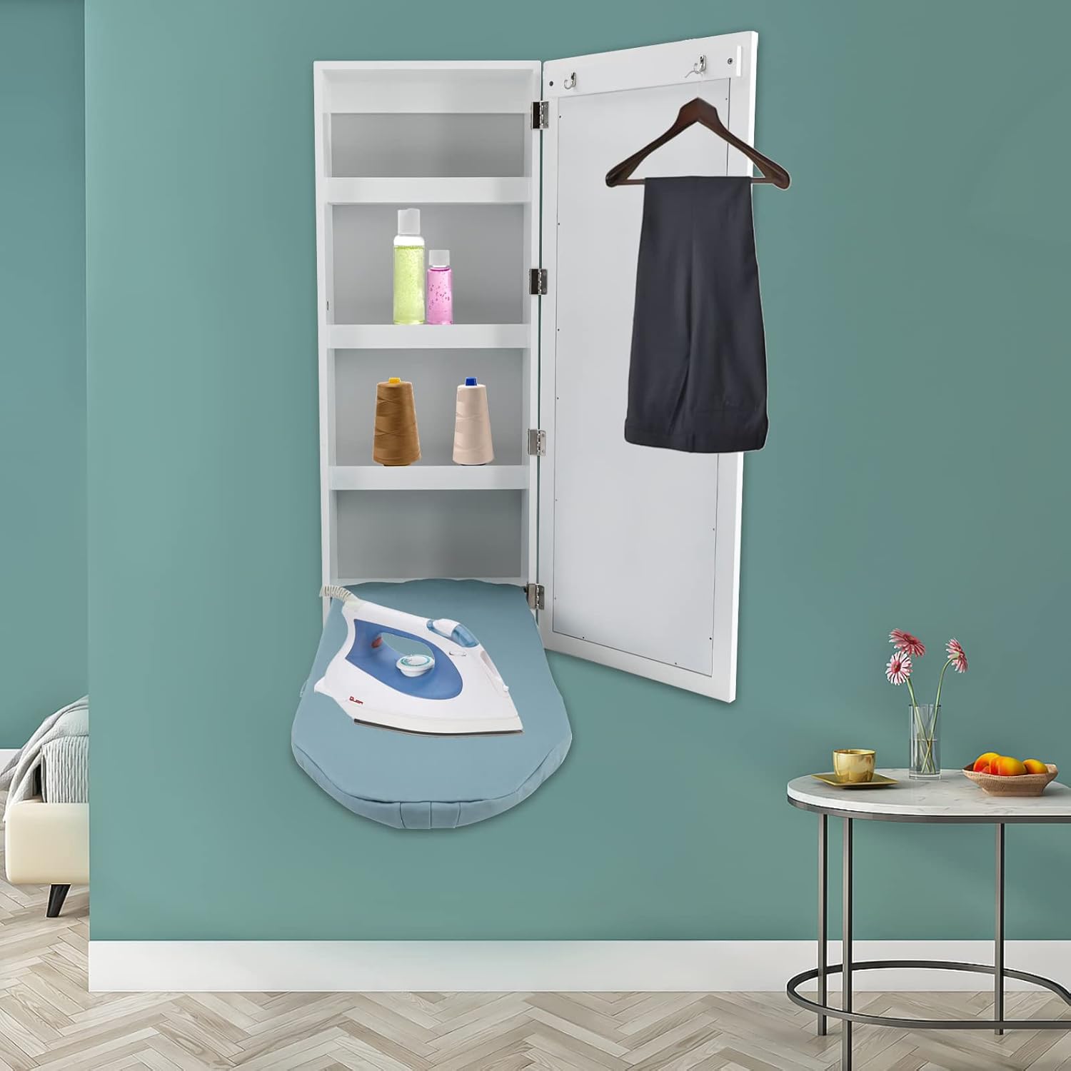 Wall Mounted Ironing Board Cabinet with Mirror and Sturdy Shelf