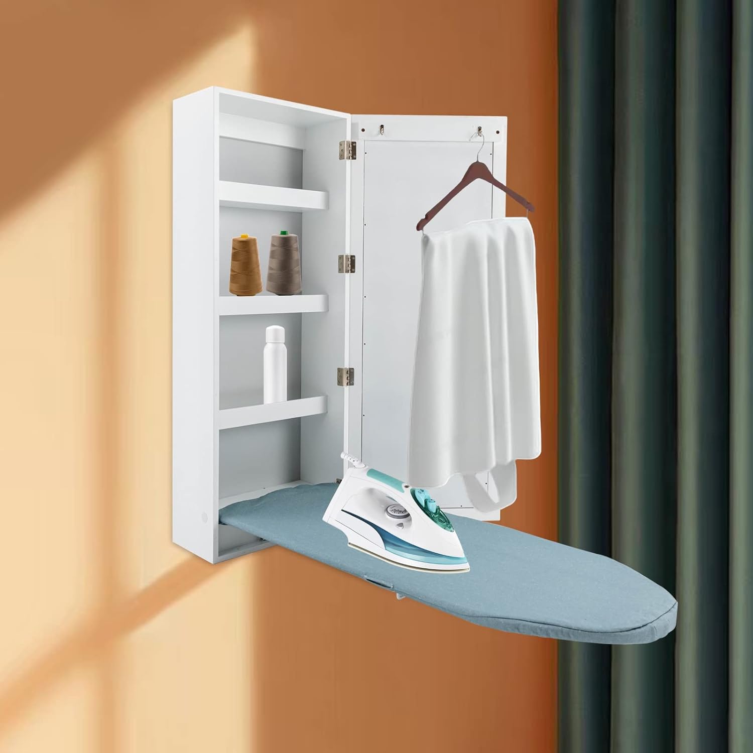 Wall-Mounted Ironing Board with Mirror and Hooks