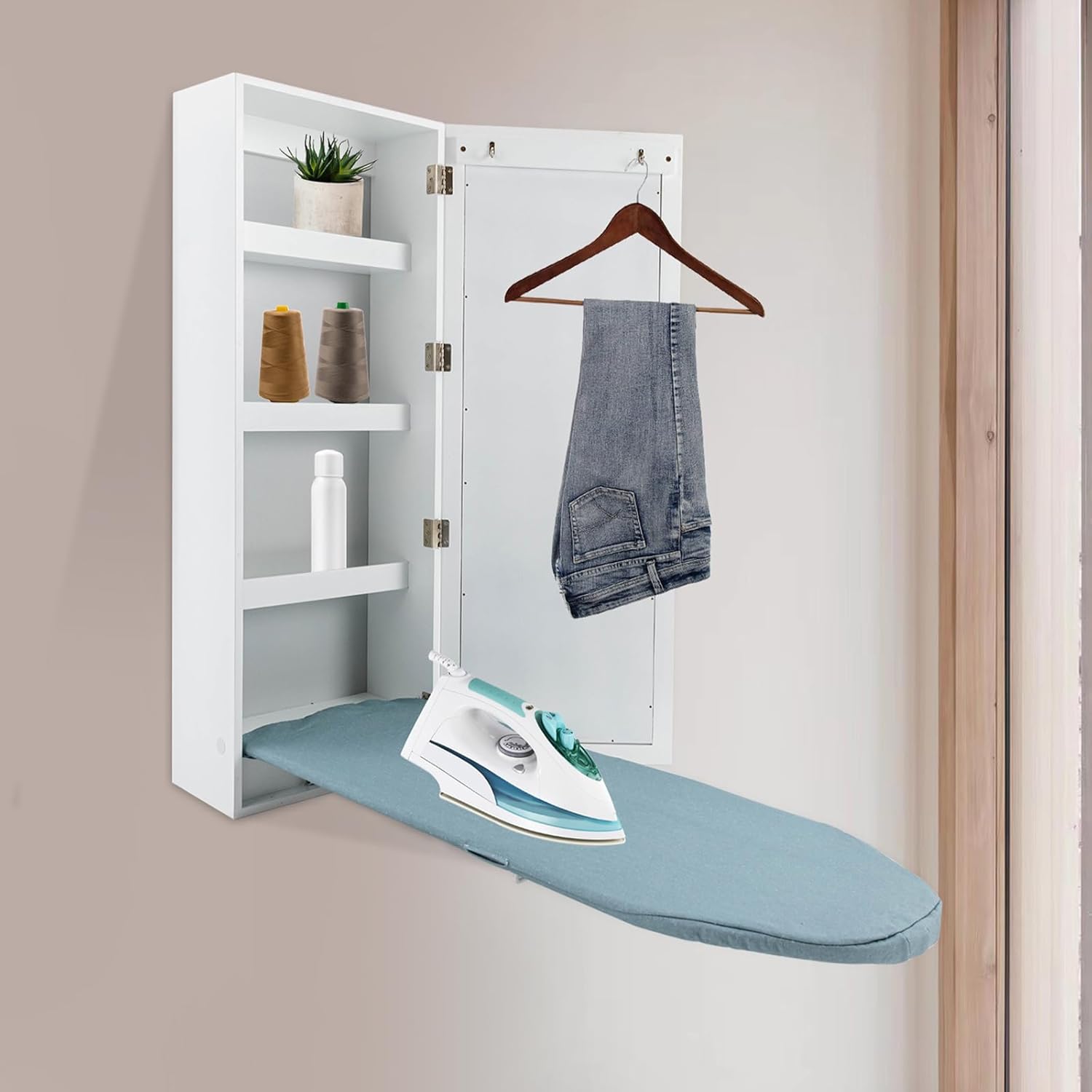 Foldable Ironing Board Cabinet with Mirror and Storage