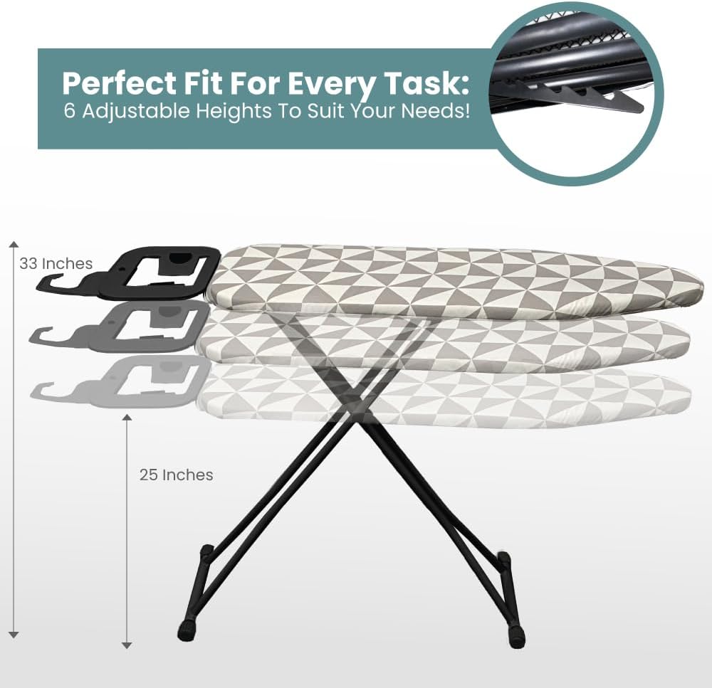 Adjustable Height Ironing Board with Hanger and Safety Stand