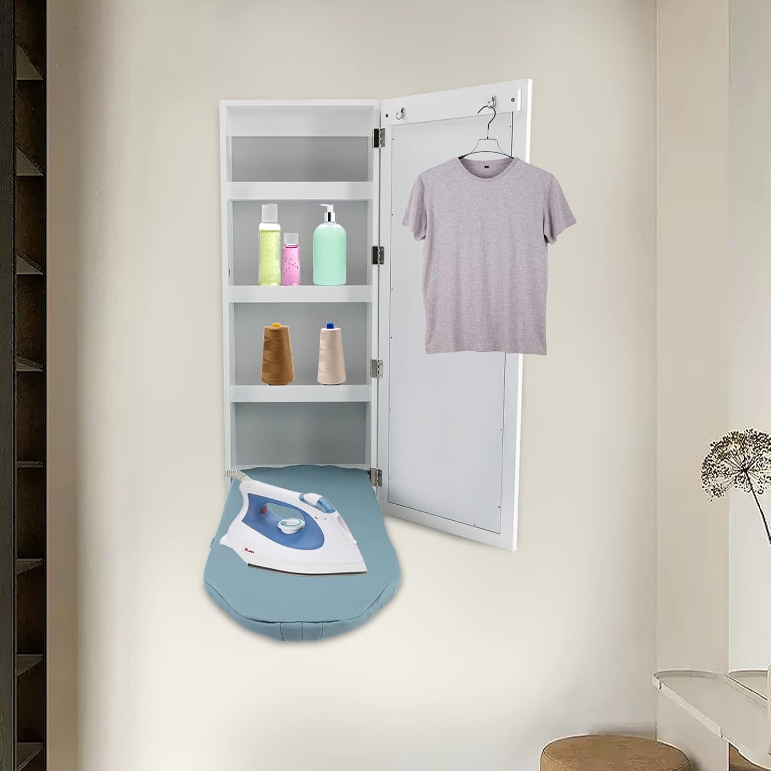 Wall Mounted Ironing Board Cabinet with Mirror and Sturdy Shelf