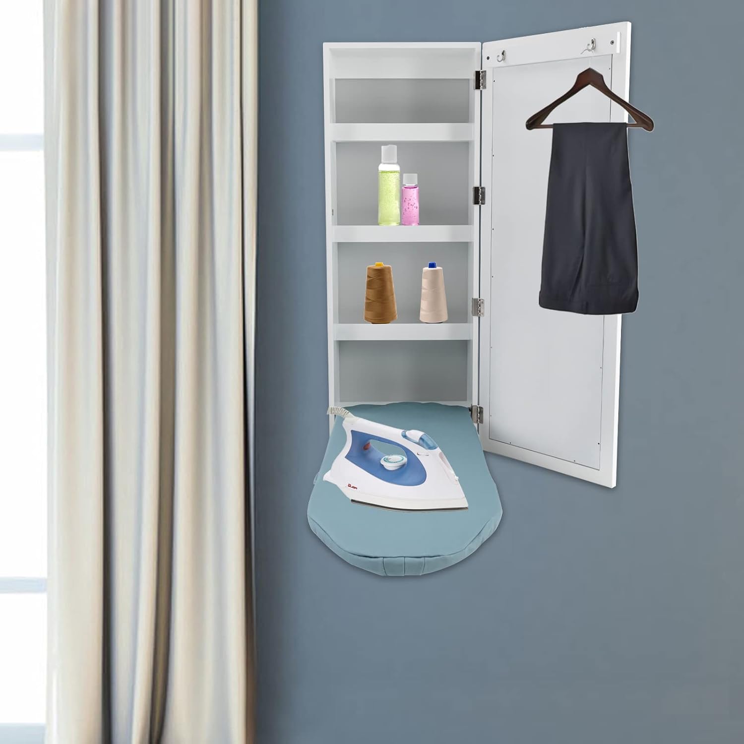 Wall-Mounted Ironing Board with Mirror and Hooks