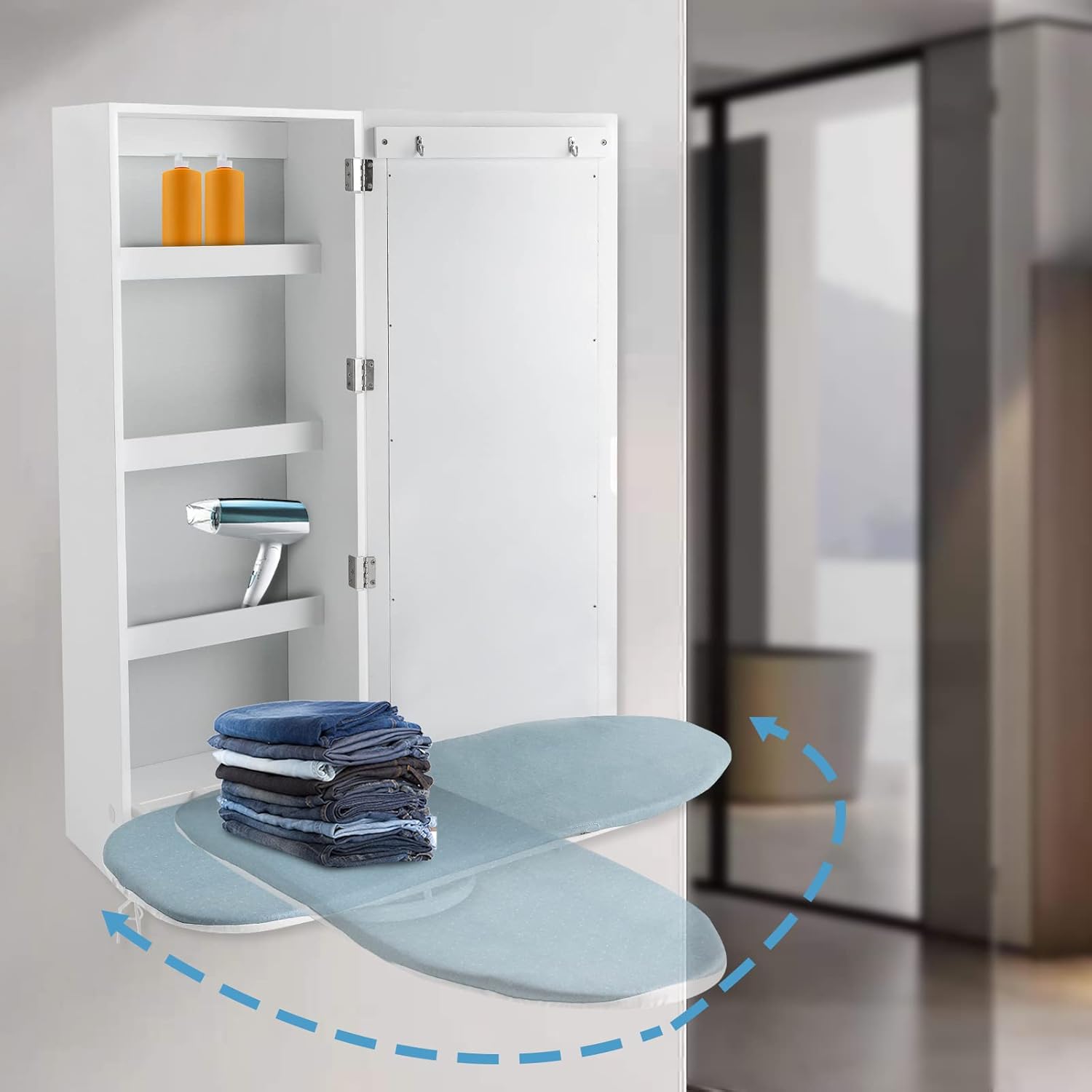 Wall Mounted Ironing Board Cabinet with Mirror and Rotation