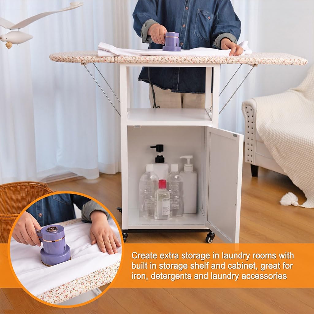 Deluxe Ironing Board with Storage Cabinet and Wheels