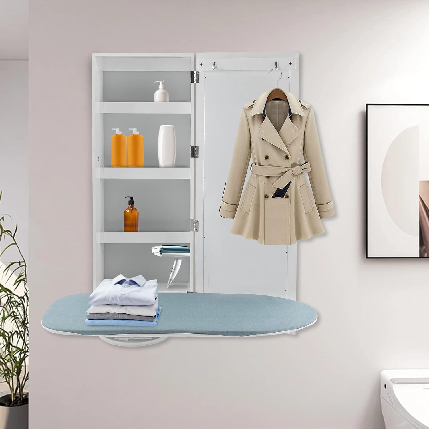 Wall Mounted Ironing Board Cabinet with Mirror and Rotation