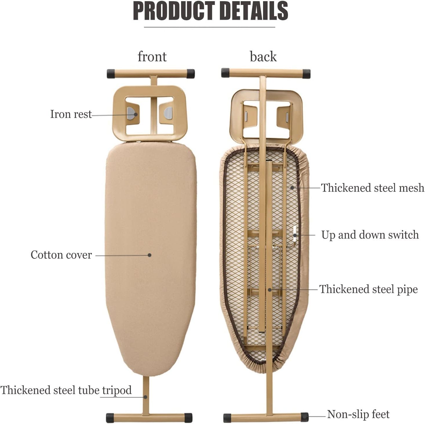 Golden Frame Ironing Board with T-Leg and Adjustable Height
