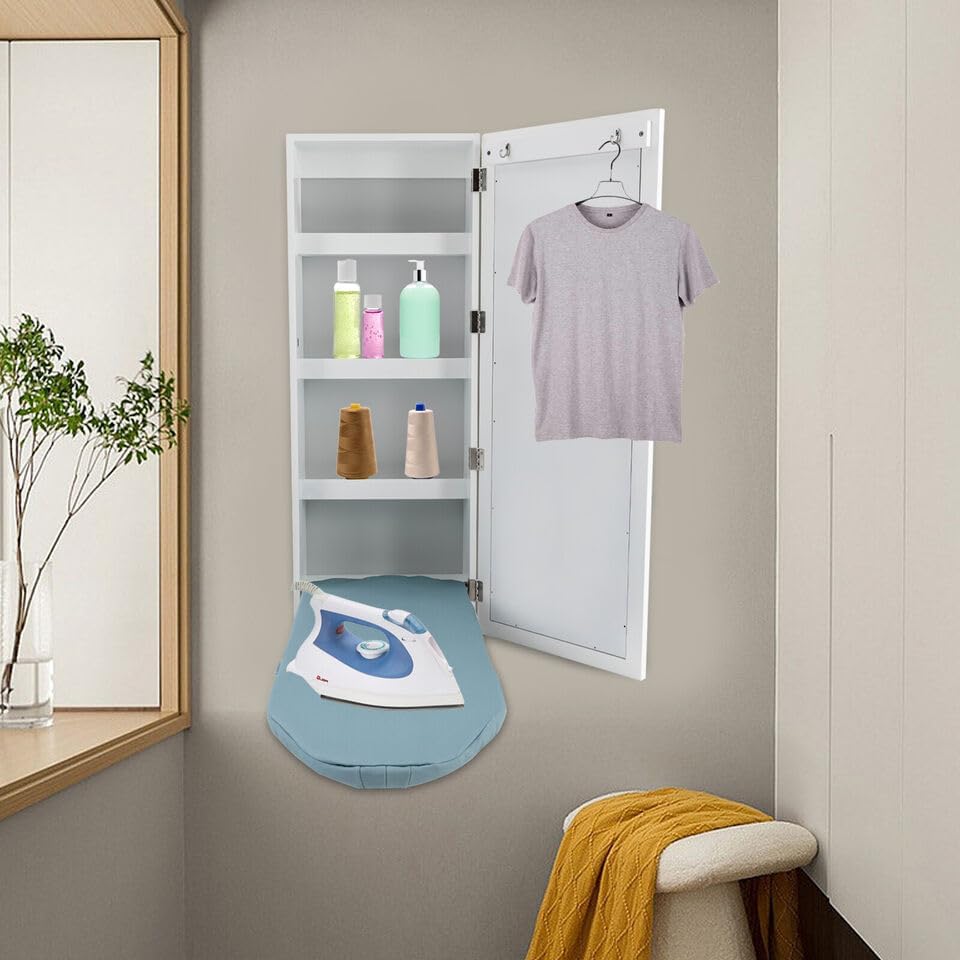 Wall Mounted Ironing Board with Mirror and Storage Cabinet White