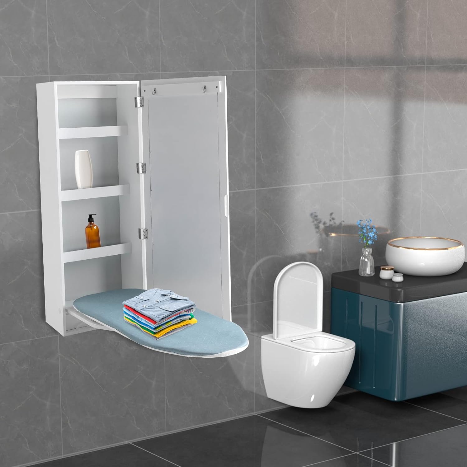 Wall Mounted Ironing Board Cabinet with Mirror and Rotation