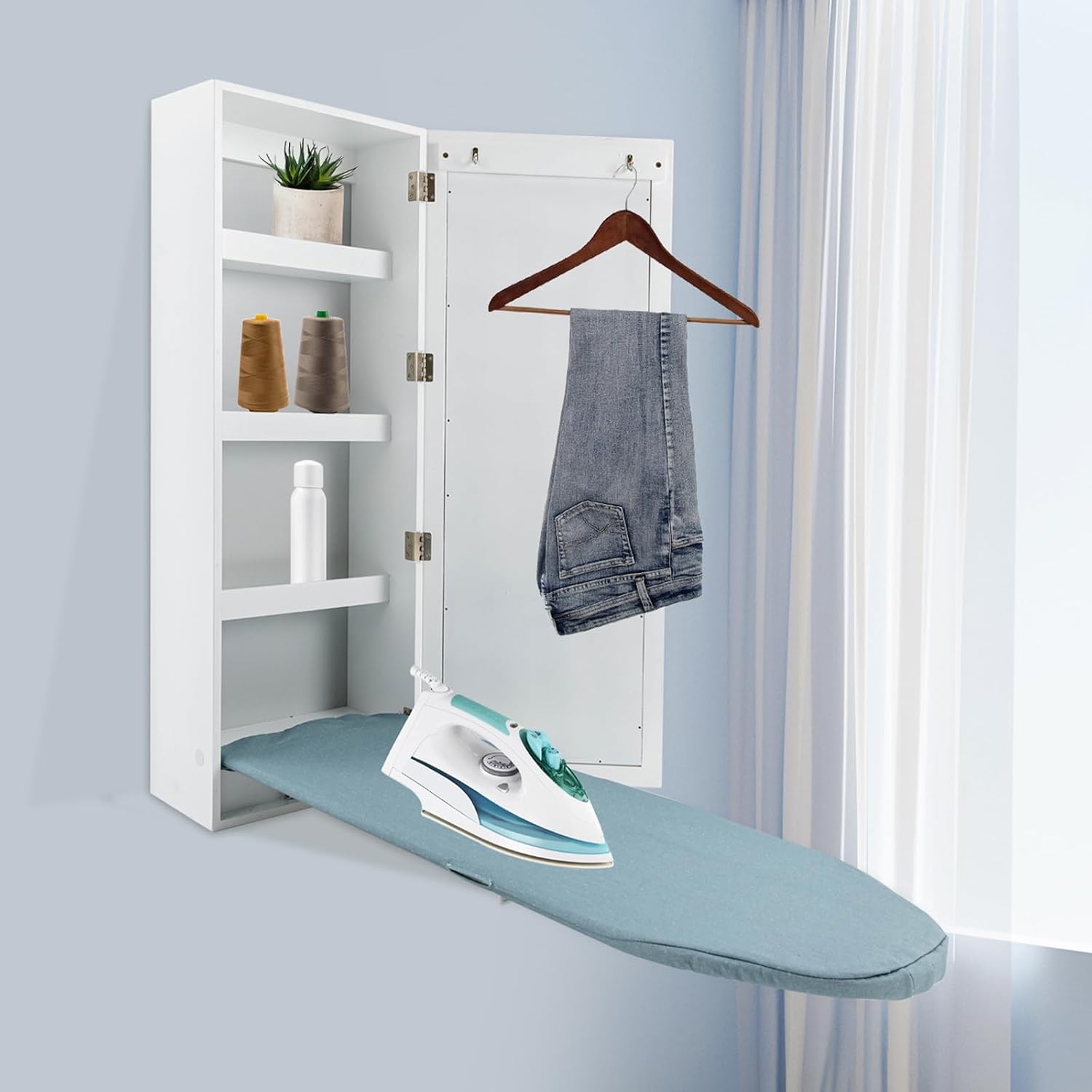 Wall Mounted Foldable Ironing Board with Mirror and Hooks White