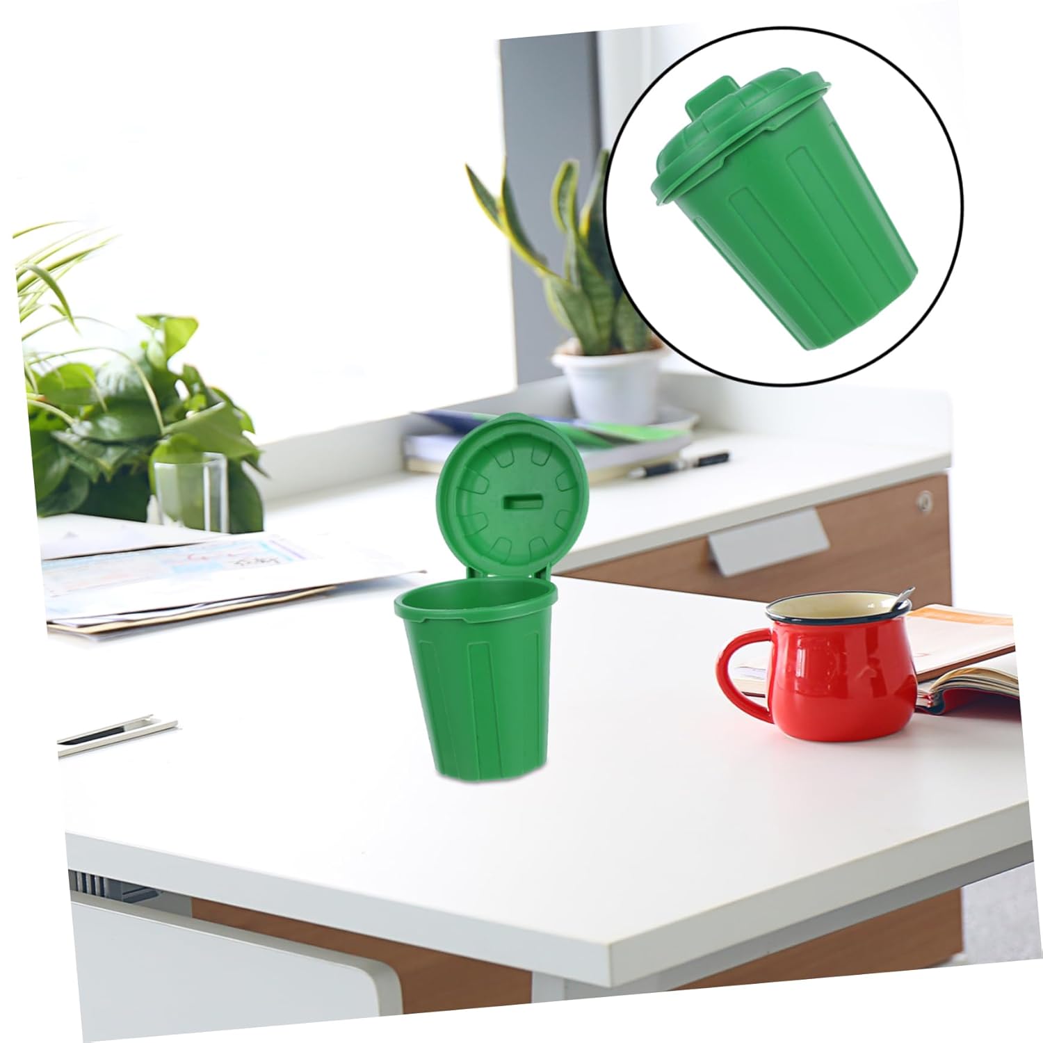 10Pcs Mini Trash Can with Lid Green Waste Basket for Desk Organizer