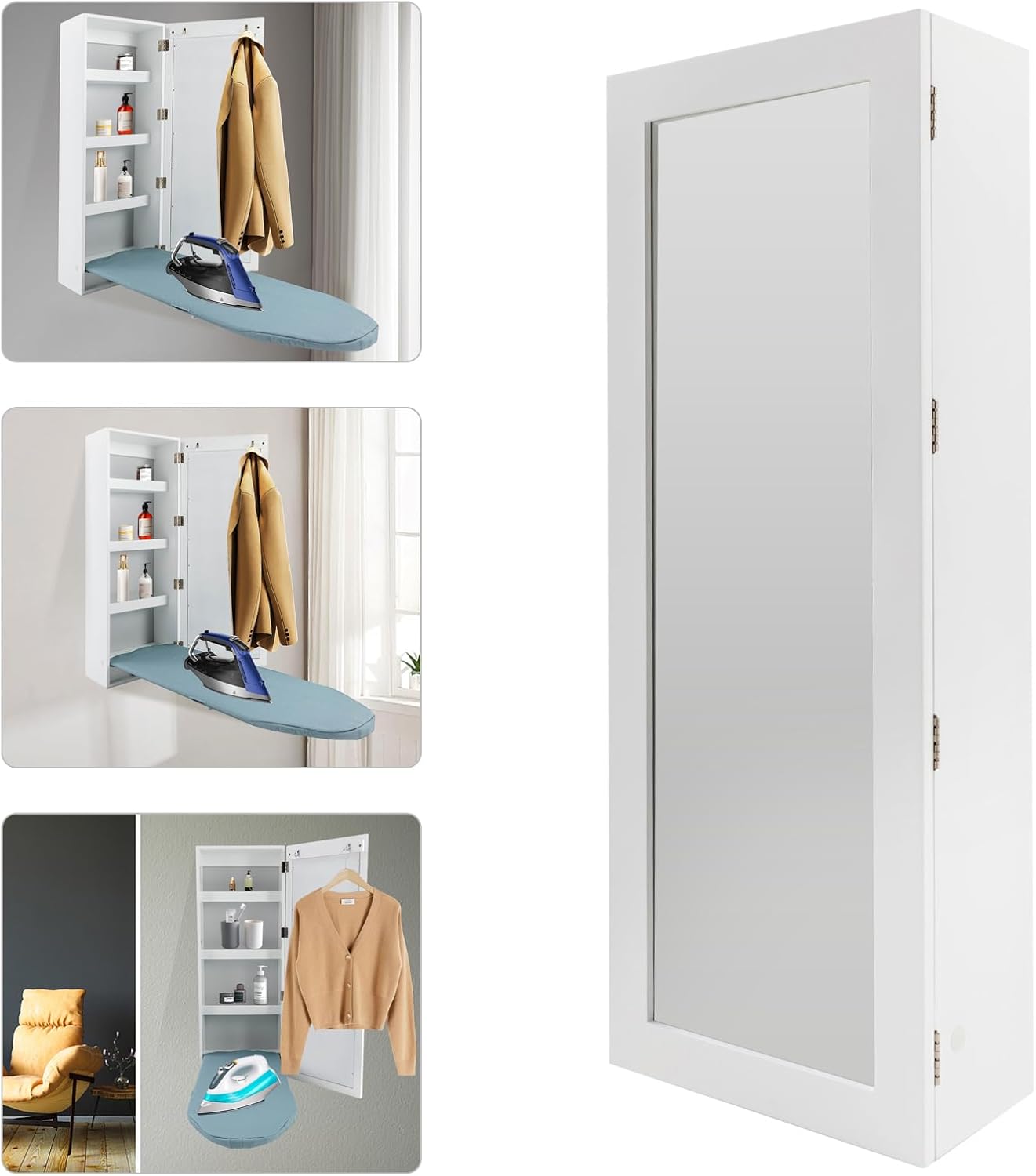 Foldable Ironing Board Cabinet with Mirror and Storage