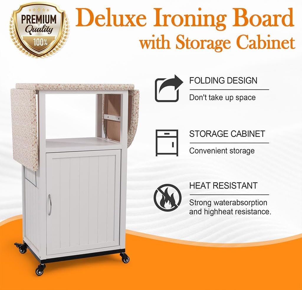 Deluxe Ironing Board with Storage Cabinet and Wheels