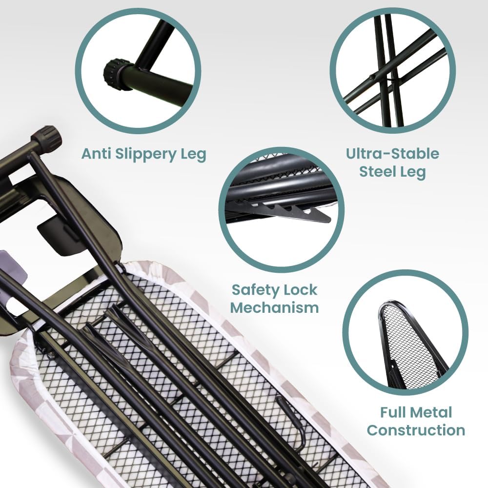 Adjustable Height Ironing Board with Hanger and Safety Stand