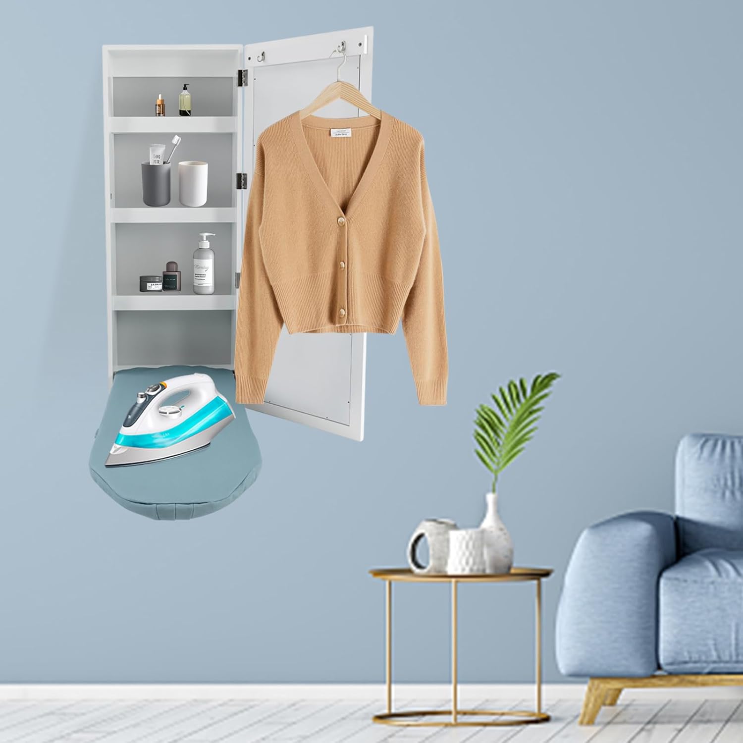 Foldable Ironing Board Cabinet with Mirror and Storage