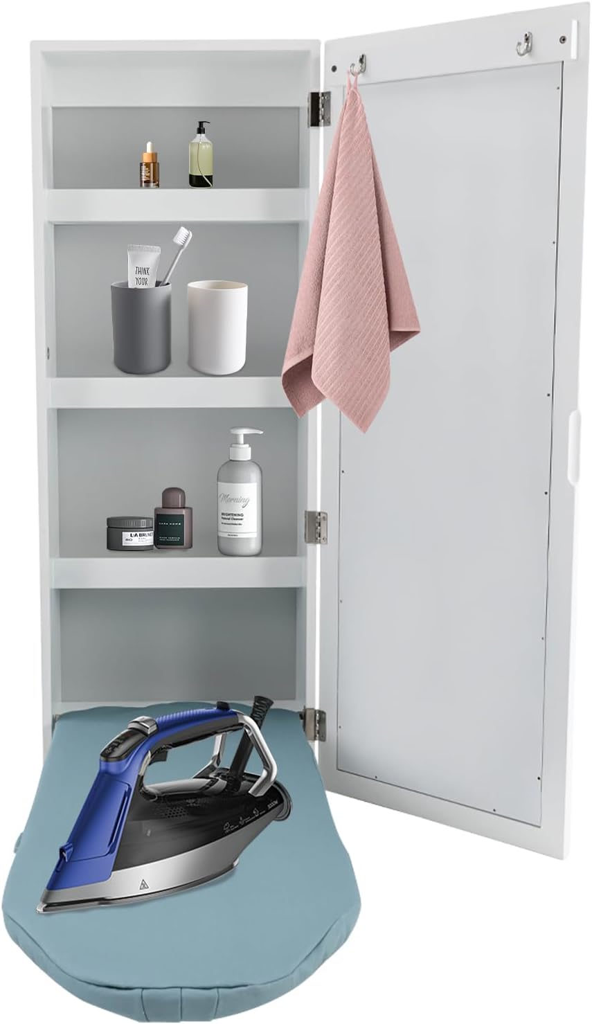 Wall Mounted Foldable Ironing Board with Mirror and Hooks White
