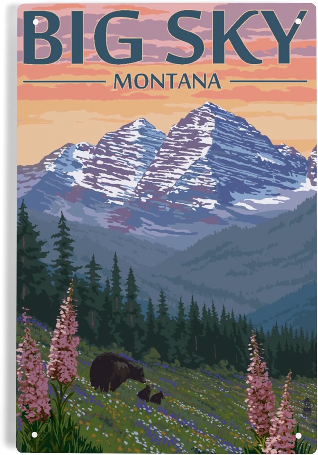 Lantern Press 6x9 Metal Sign Big Sky Montana Bear and Spring Flowers