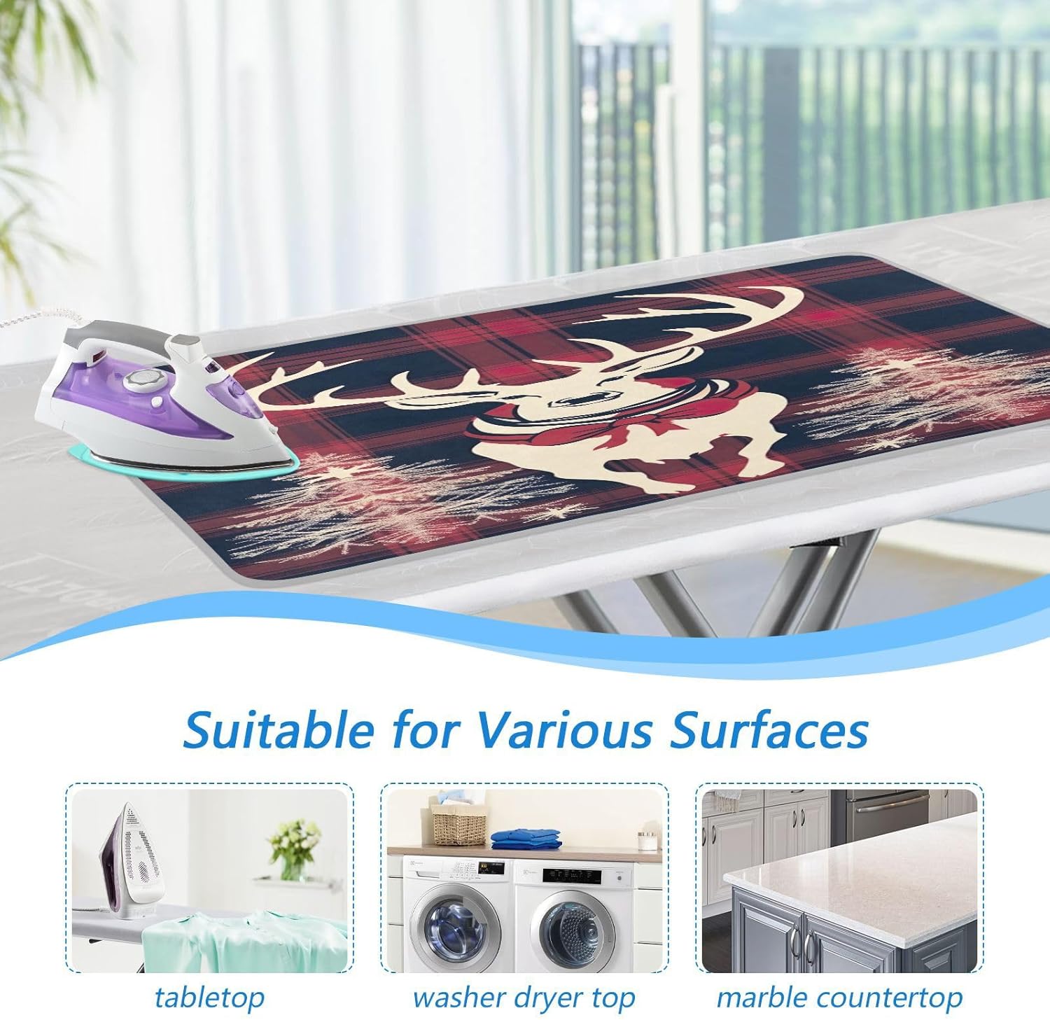 Wassud Plaid Ironing Mat with Deer Pattern Foldable Portable