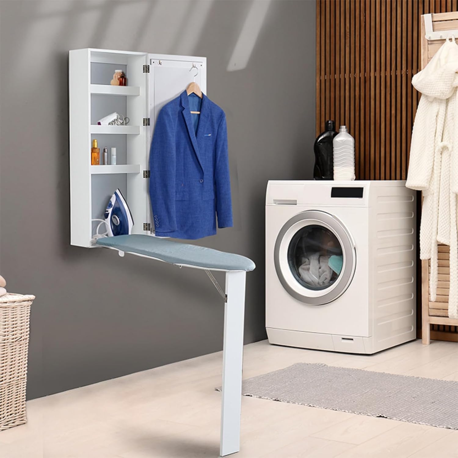 DYRABREST Wall Mount Ironing Board Cabinet with Mirror and Storage