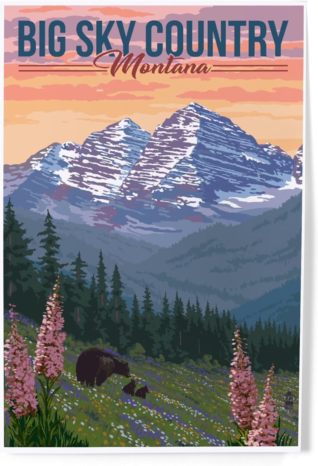 Lantern Press 8x12 Art Print Big Sky Country Montana Bear and Spring Flowers