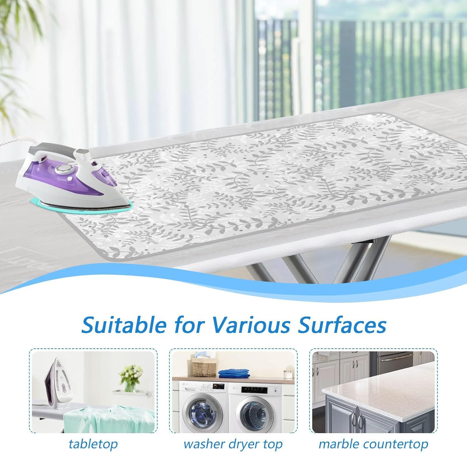 CuwrYet Portable Ironing Mat with Silicone Pad 472x276 Inch Grey Leaves