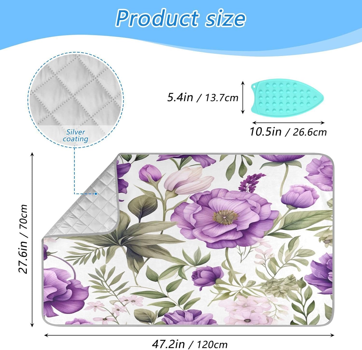 GAIGEO Violet Floral Ironing Mat with Leaves Foldable and Portable