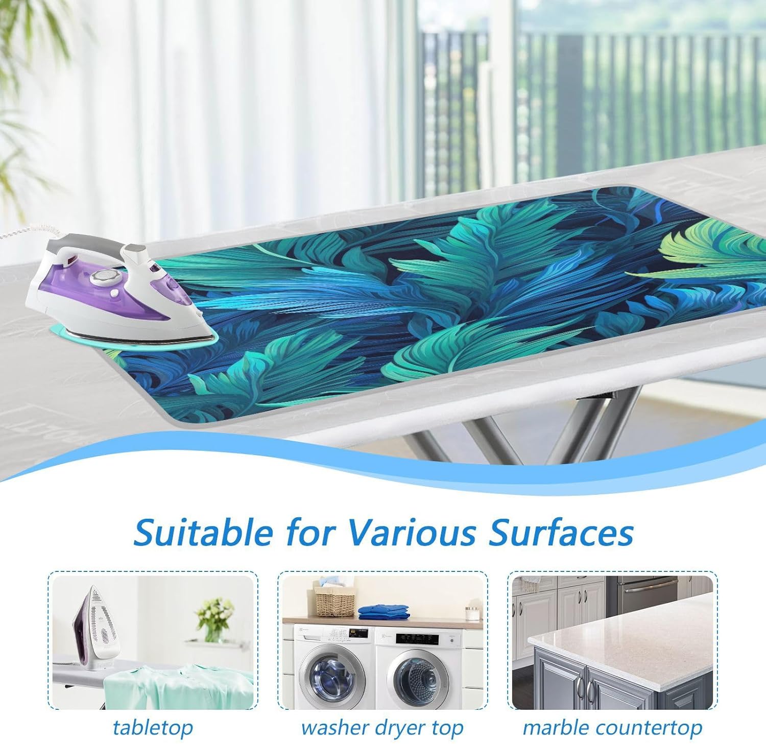 Blue Green Tropical Leaf Ironing Pad Portable Ironing Blanket Quilt Ironing Mat