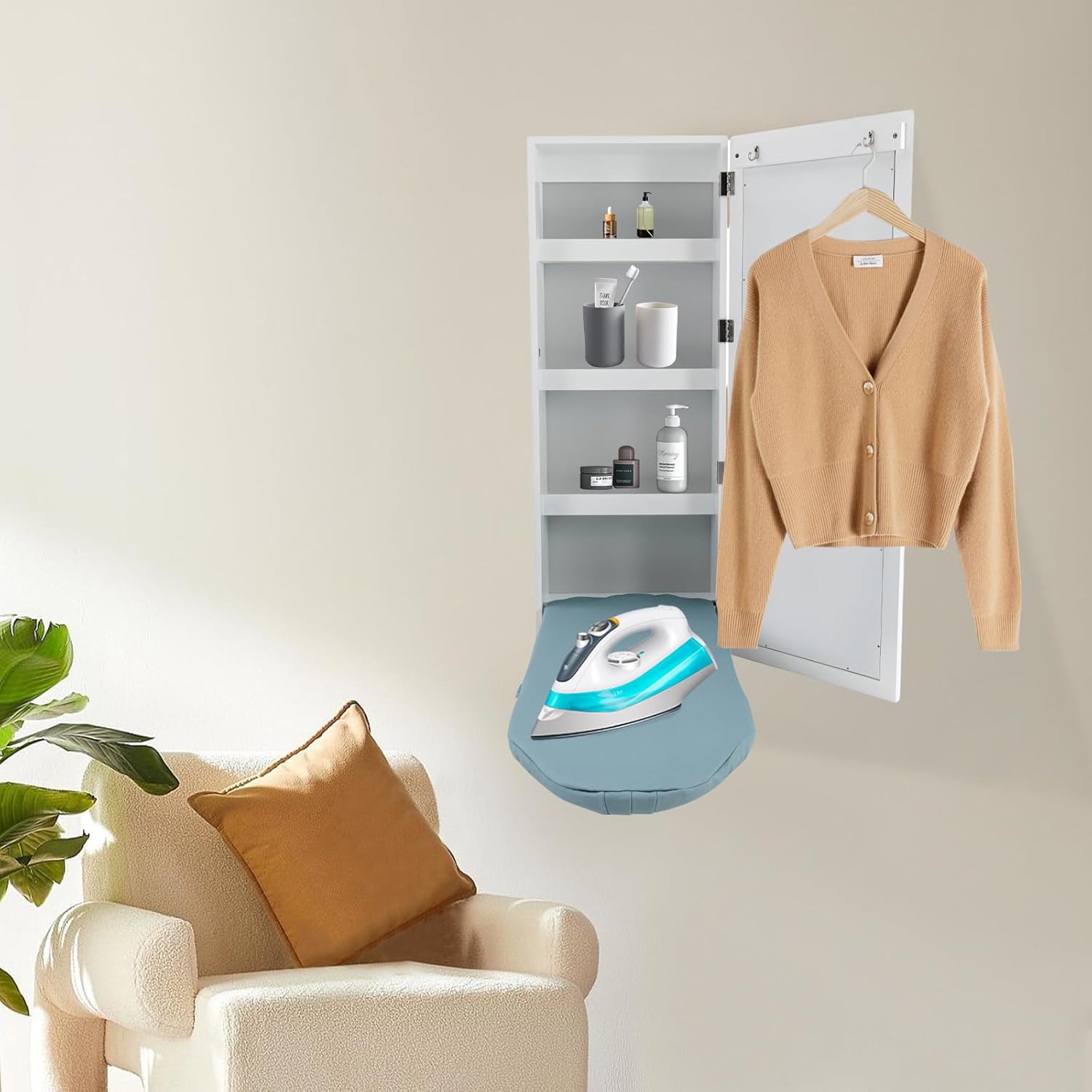 Wall Mounted Foldable Ironing Board with Mirror and Hooks White